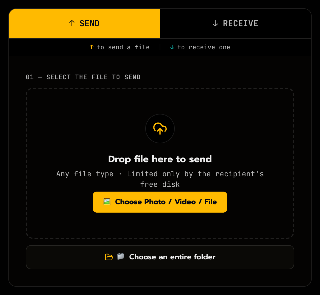 The opening screen with the drop zone and the file picker buttons