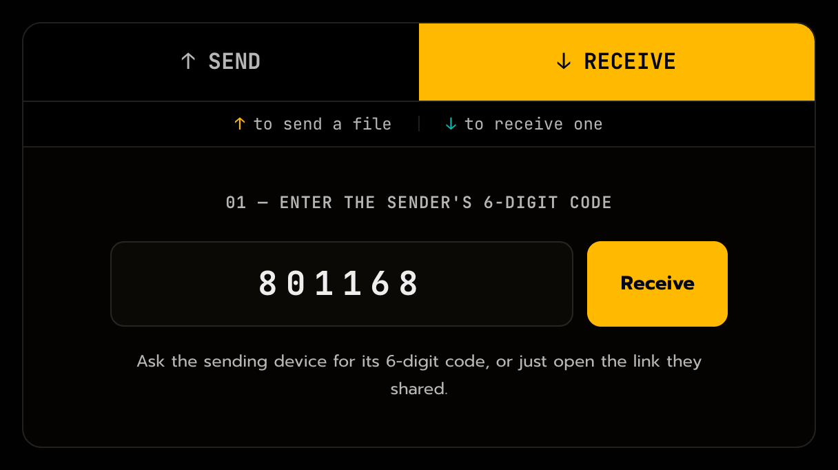 The receive tab with the six digit code field