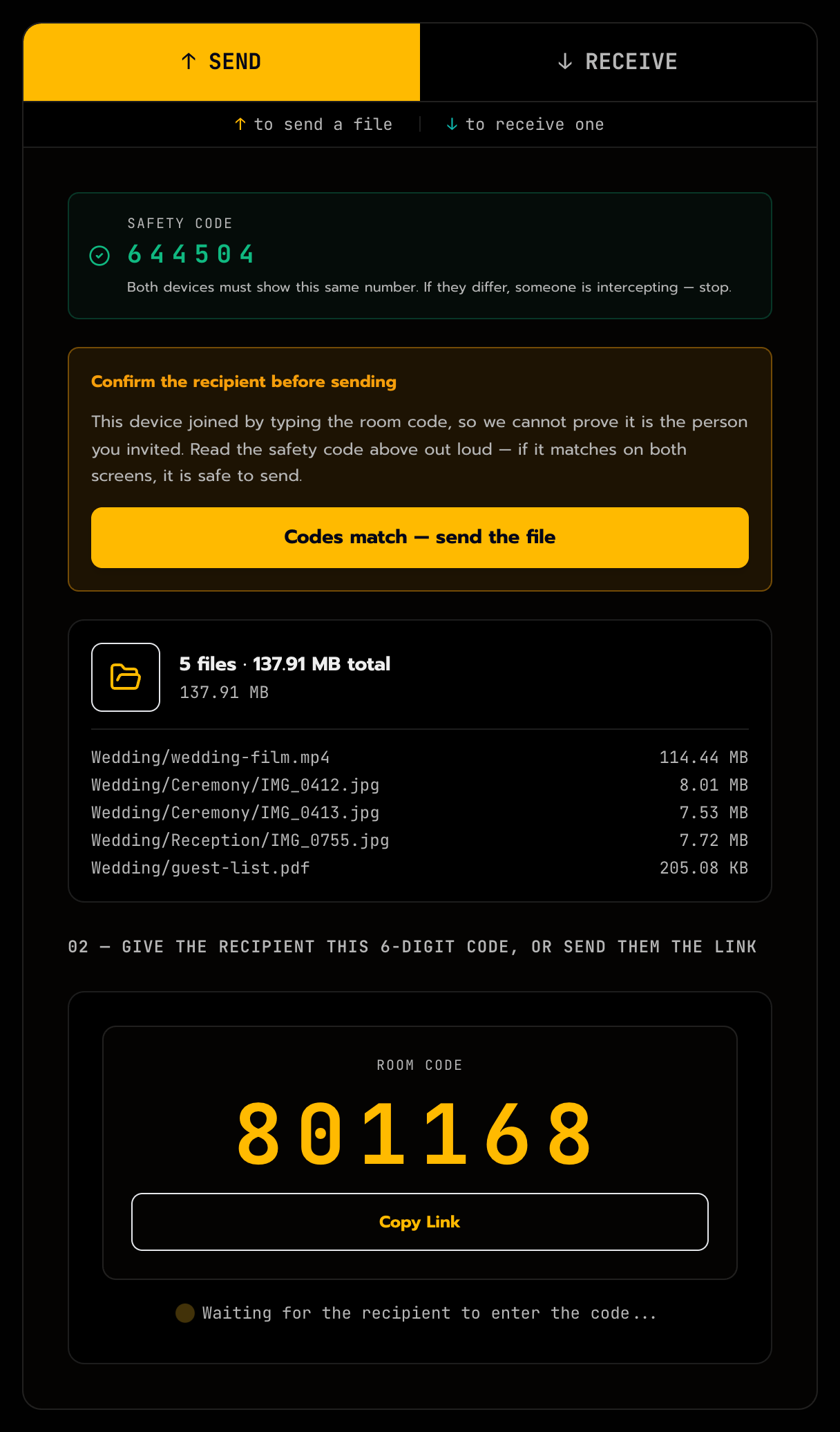 The sender's screen with the green safety code and the confirm button