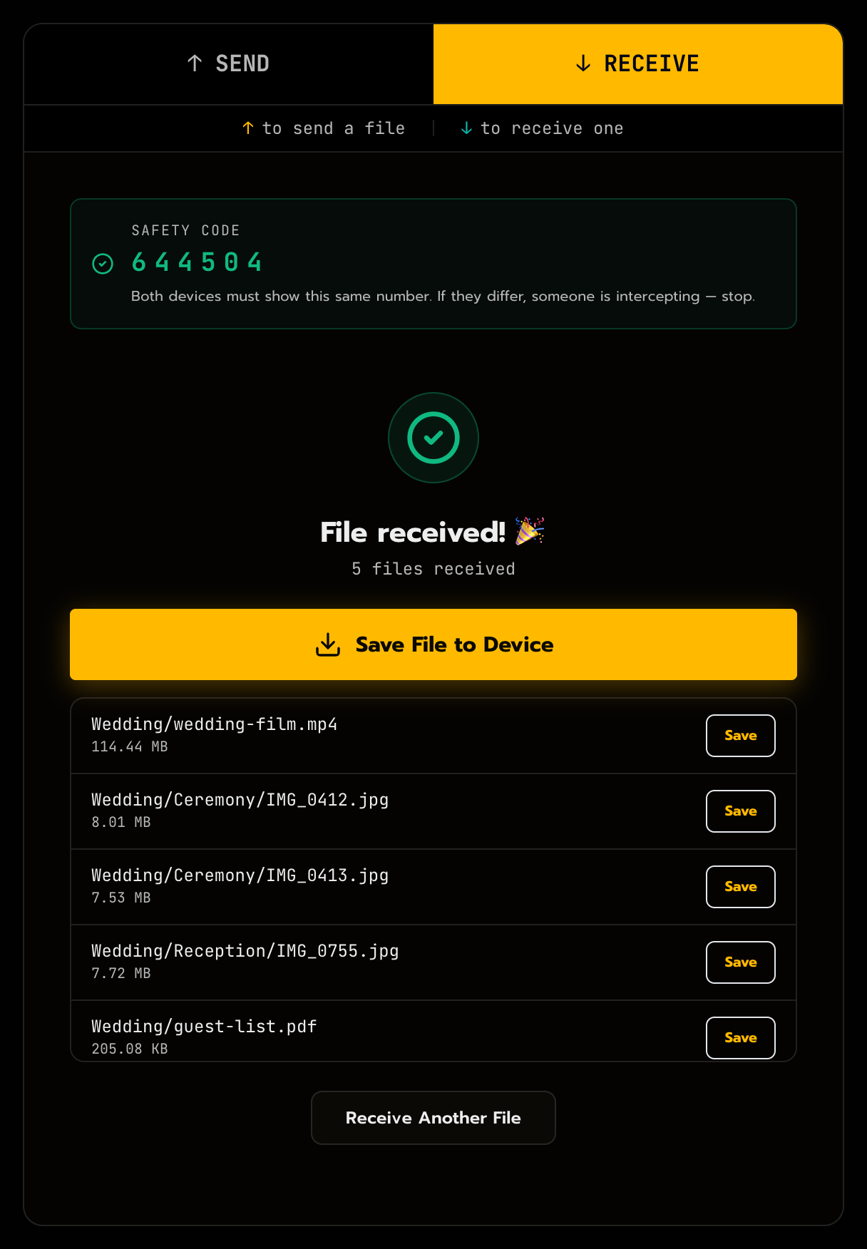 The completed screen with a save button and a per-file list